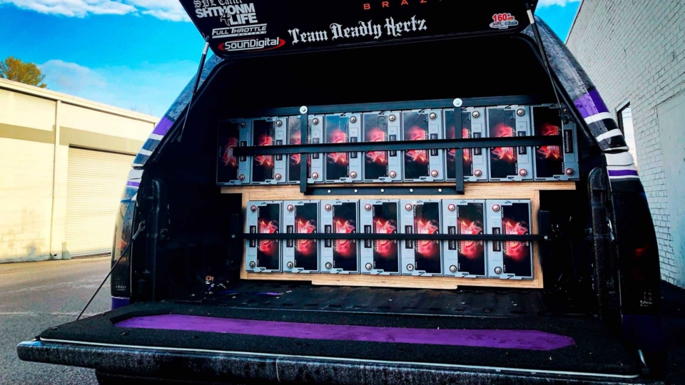 Over a dozen Full Throttle batteries in a custom car audio build
